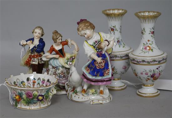 A pair of Berlin flower painted vases, three Continental figures and a basket